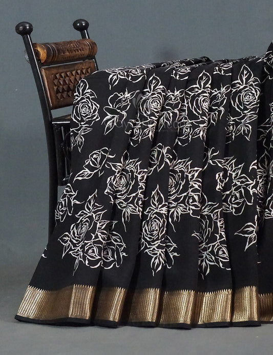 Shades of Black Floral Screen Dola Silk Saree By Gayathri Reddy Designer Studio | Swadesiicart