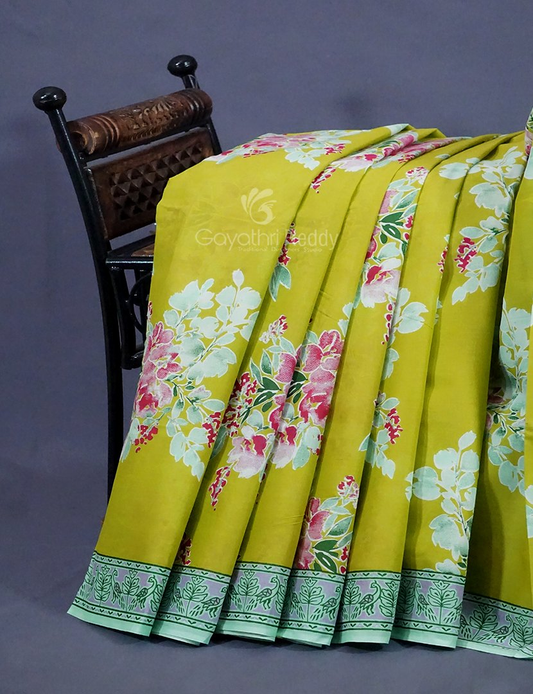 Lime Greencolour Block Print Pure Mulmul Cotton Saree By Gayathri Reddy Designer Studio | Swadesiicart