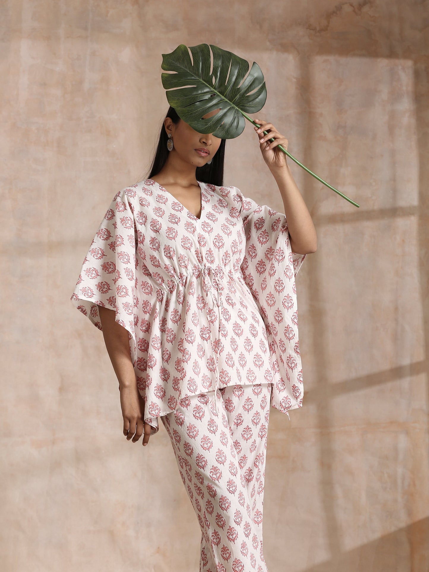 trueBrowns Pink Buta On White Block Print Cotton Kaftan Co-Ord Set - Swadesiicart