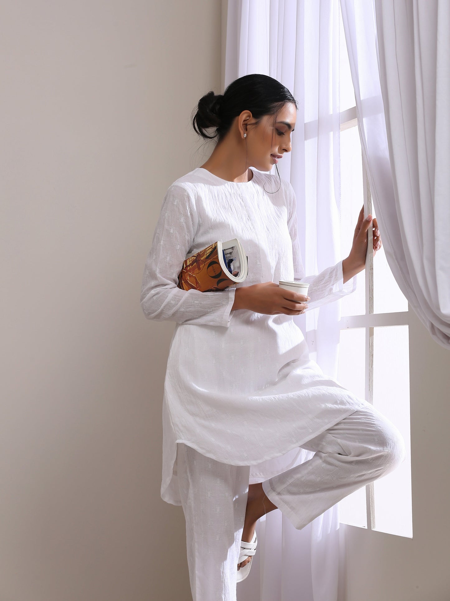 trueBrowns White Dobby Front Placket Co-Ord Set - Swadesiicart