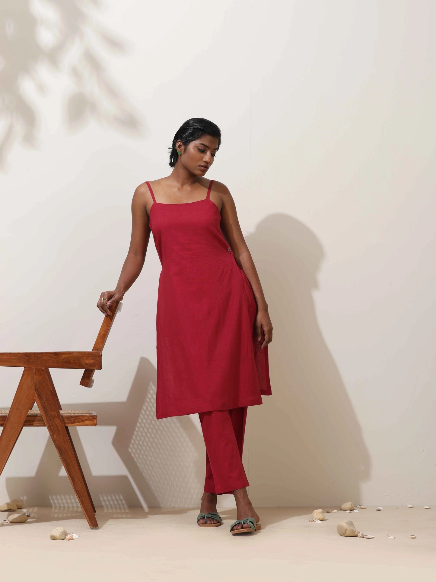 trueBrowns Maroon Cotton Linen Kurta Co-Ord Set - Swadesiicart