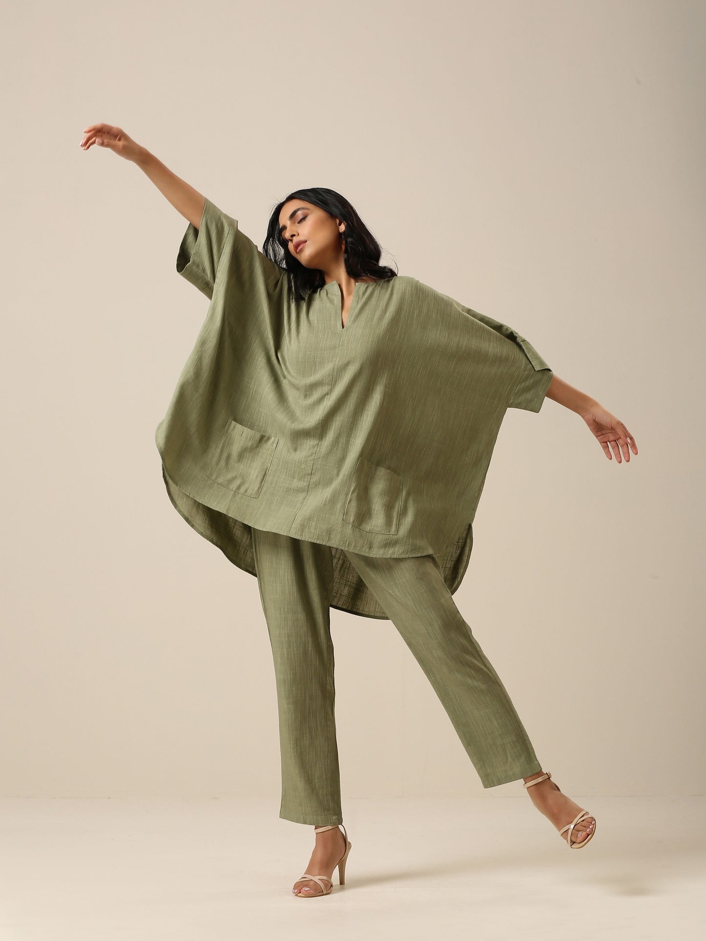 trueBrowns Sage Slub Texture Boxy Fit High Low Co-Ord Set - Swadesiicart