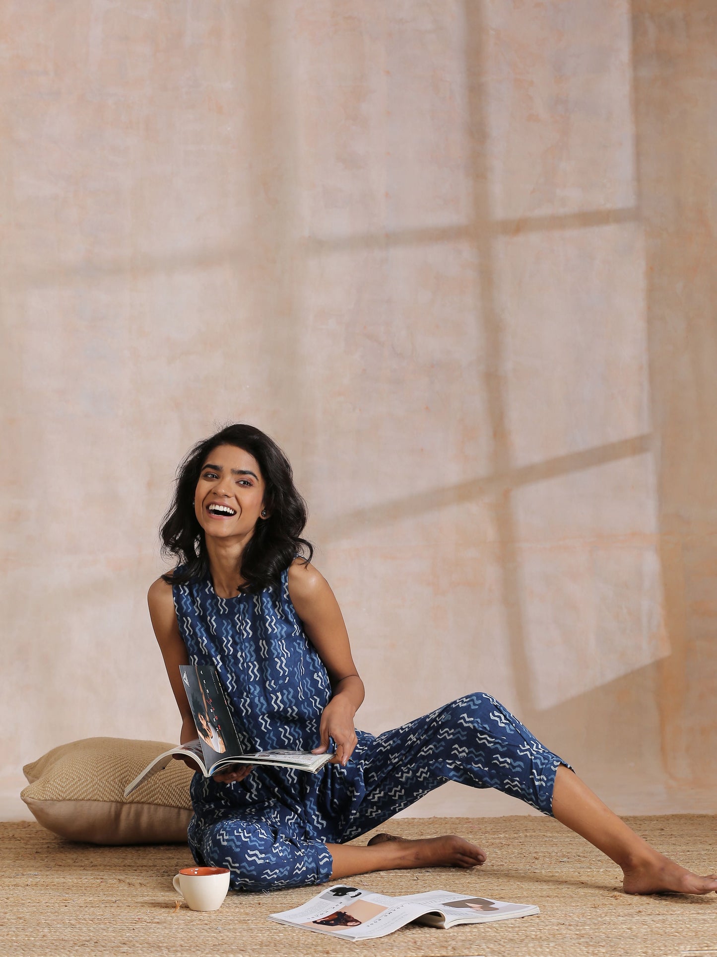 trueBrowns Indigo Dabu Zig-Zag Motifs Print Cotton Sleeveless Co-Ord Set - Swadesiicart