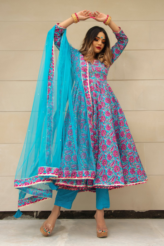 Pomcha Jaipur Chitra Hand Block Cotton Anarkali Set | Swadesiicart