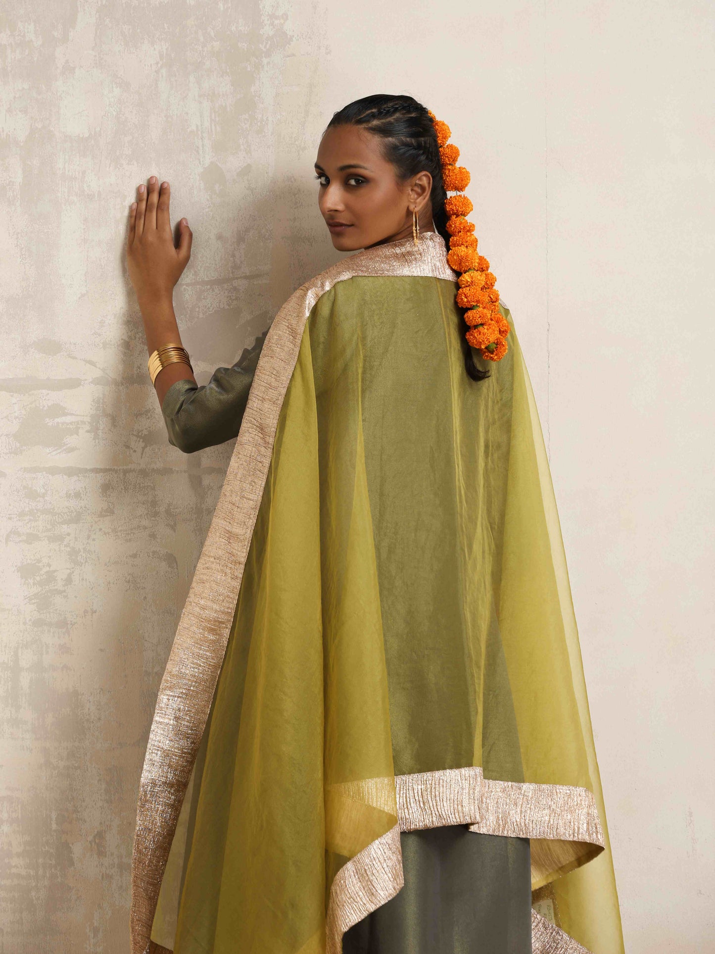 trueBrowns Green Tissue Anarkali Kurta Dupatta Set | Swadesiicart