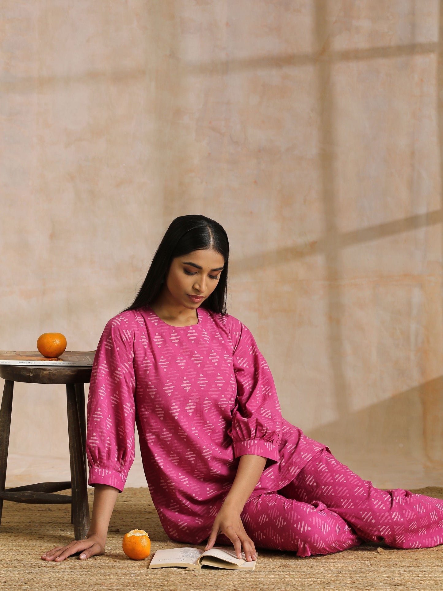 trueBrowns Pink Dabu Print Cotton Baggy Sleeve Co-Ord Set - Swadesiicart