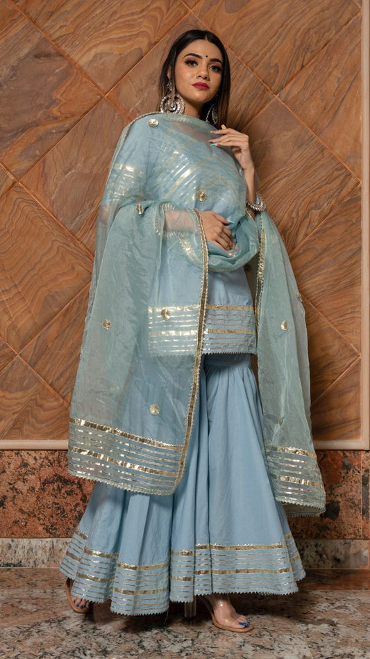 Pomcha Jaipur Powder Blue Pure Cotton Sharara Set | Swadesiicart