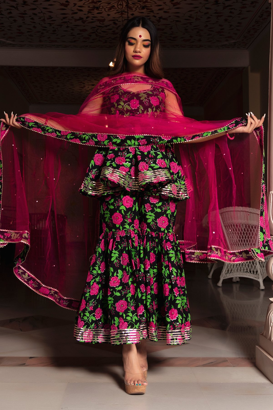 Pomcha Jaipur Gulmohar Cotton Hand Block Sharara Set | Swadesiicart