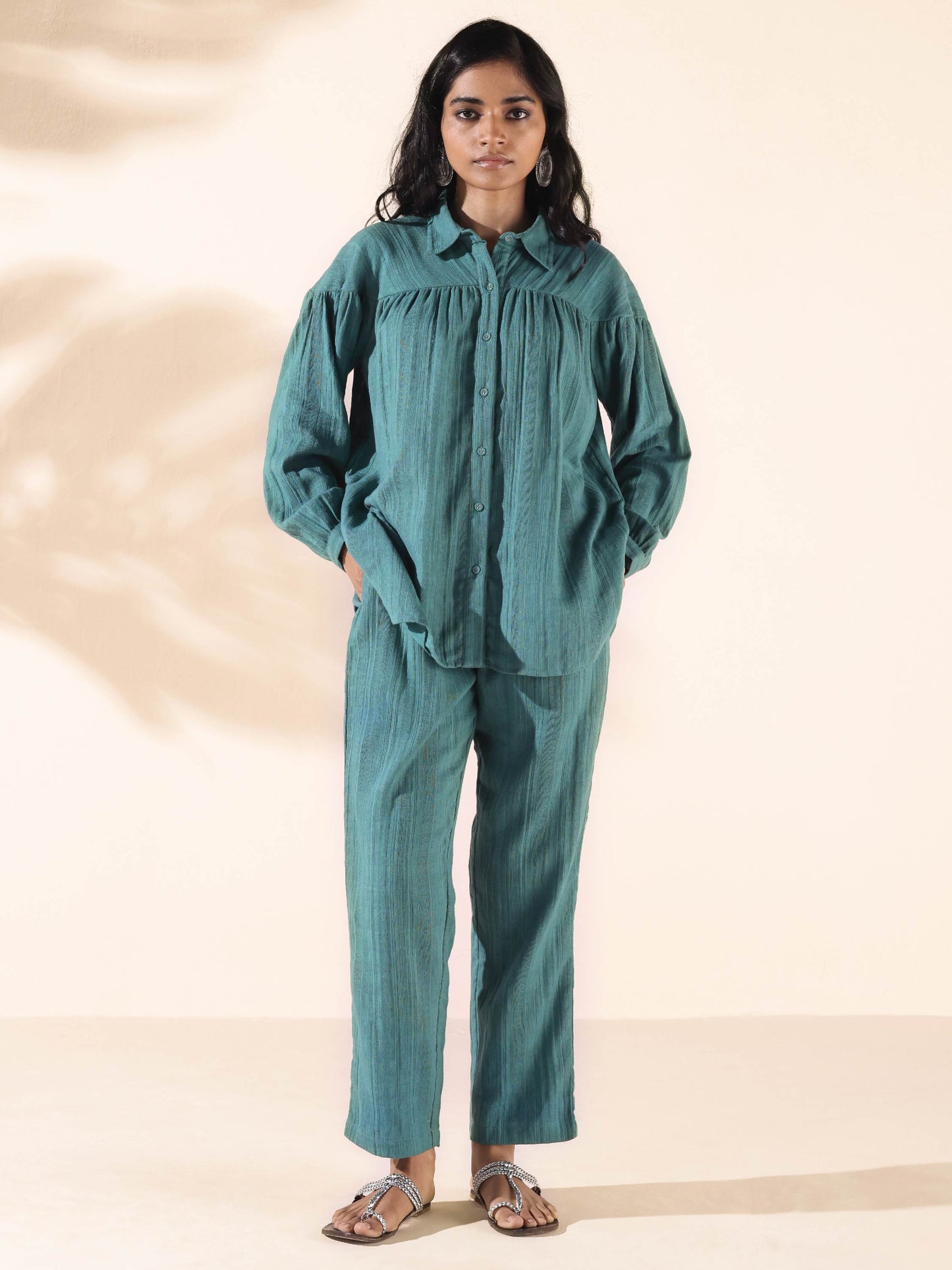 trueBrowns Turquoise Cotton Dobby Shirt Co-ord Set - Swadesiicart