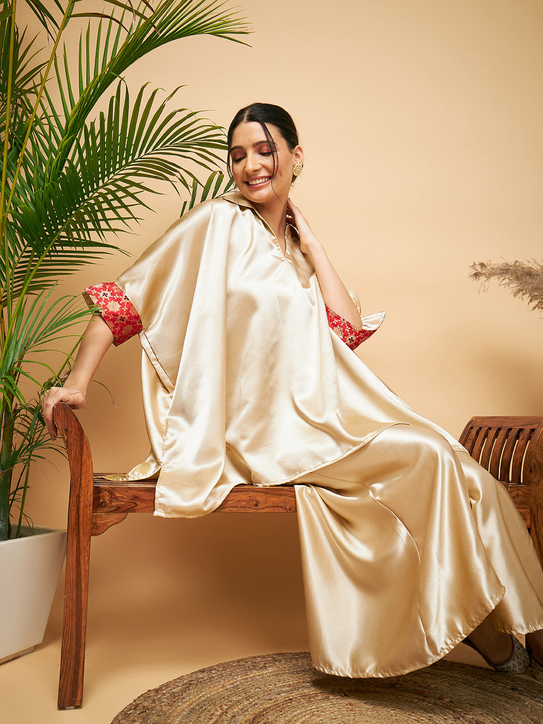 InWeave Women's Beige Red Brocade Boho Satin Top W Palazzo Set - Swadesiicart