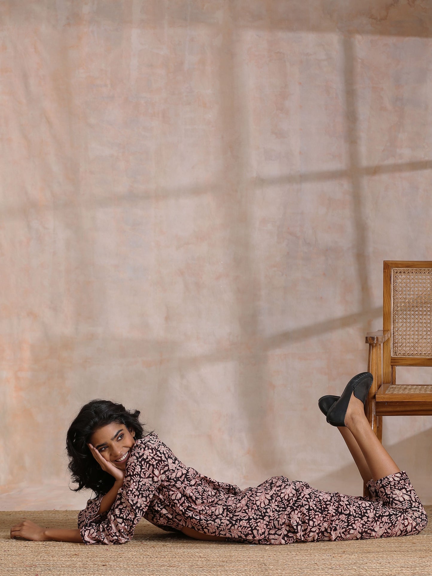 trueBrowns Black Floral Overall Bagru Print Cotton Pant Suit Set | Swadesiicart