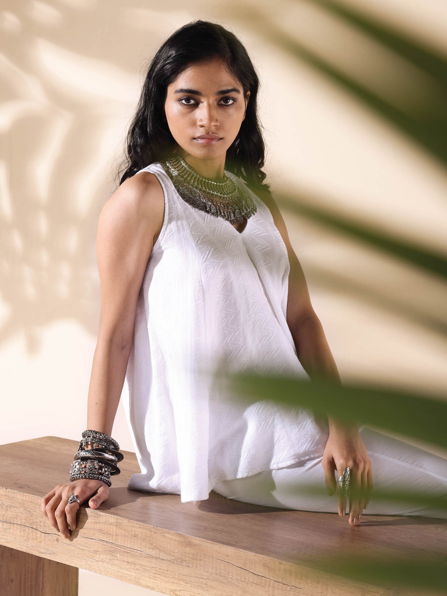 trueBrowns White Cotton Dobby Flared Co-ord Set - Swadesiicart