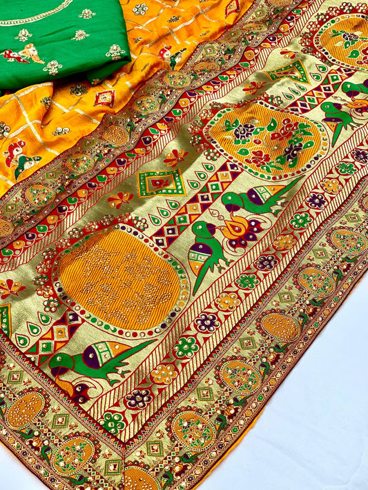 Lorenvalley Fashion Premium Yellow Vichitra Silk Embroidery and Diamond work Both Side Saree - Swadesiicart