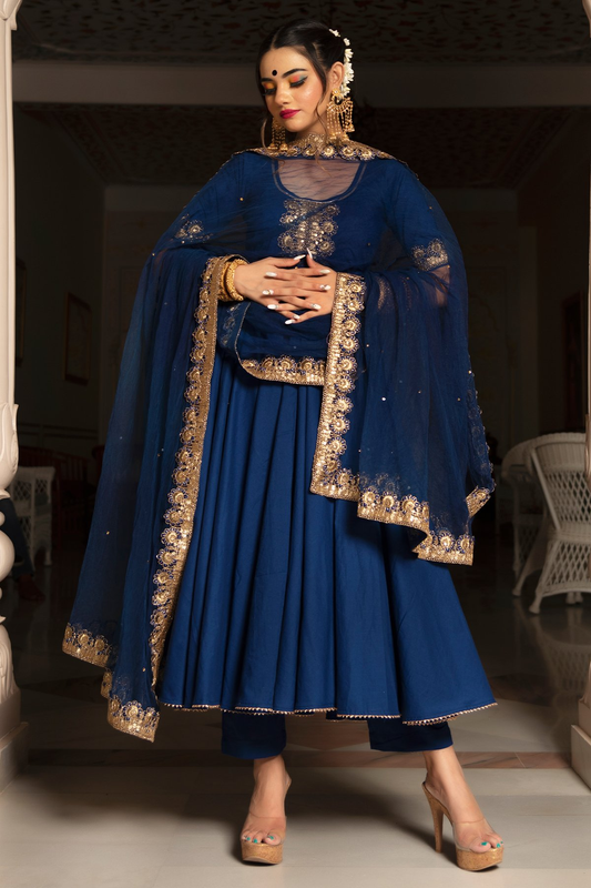 Pomcha Jaipur Minakari Blue Anarkali Set | Swadesiicart