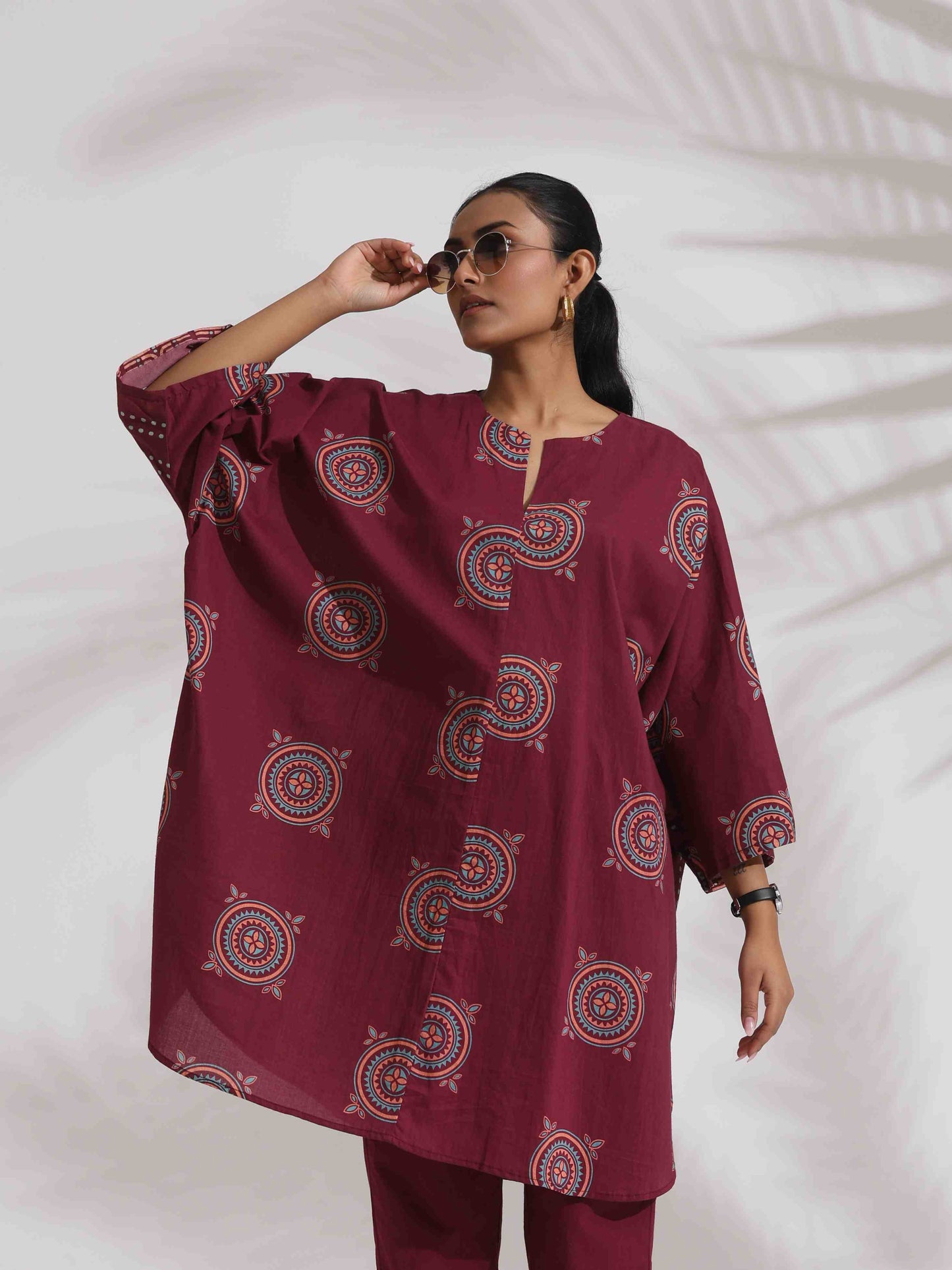 trueBrowns Purple Cotton Print Kurta Co-ord Set - Swadesiicart
