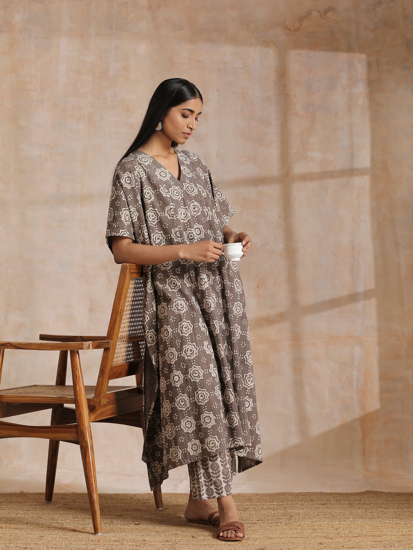 trueBrowns Clay Dabu Overall Print Cotton Panel Kaftan Kurta Pant Set | Swadesiicart