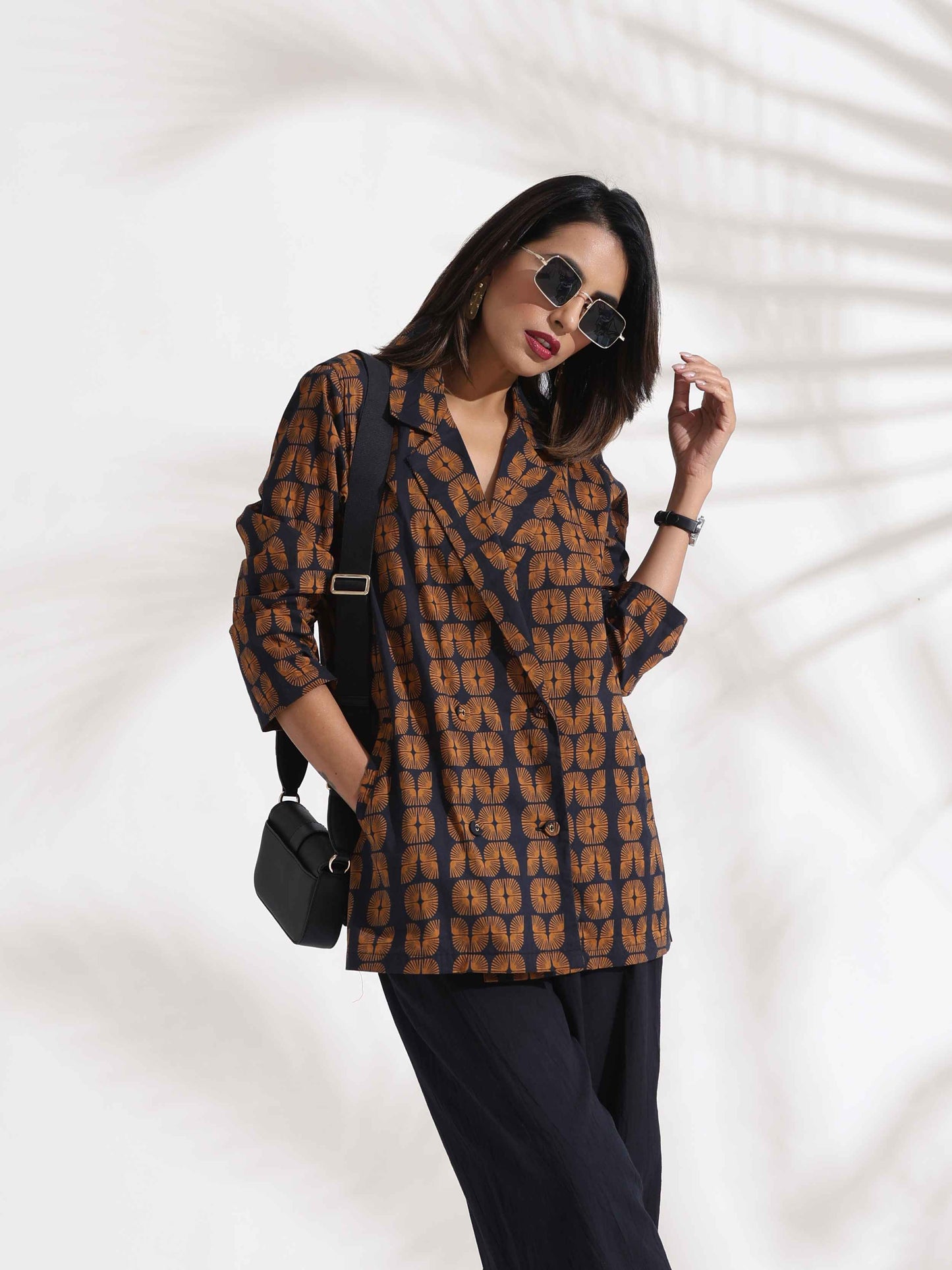 trueBrowns Black Cotton Print Jacket Top Co-ord Set - Swadesiicart