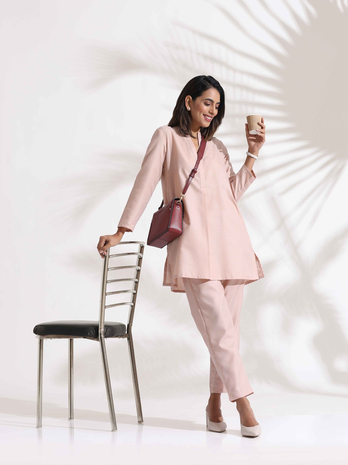 trueBrowns Light Pink Slub Co-ord Set - Swadesiicart