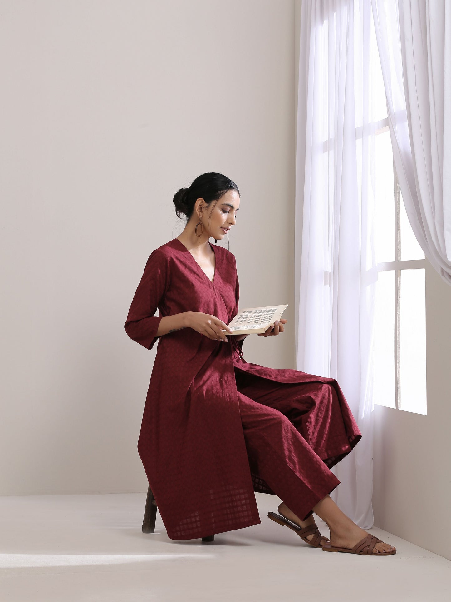 trueBrowns Ruby Wine Dobby Angrakha Pant Set | Swadesiicart