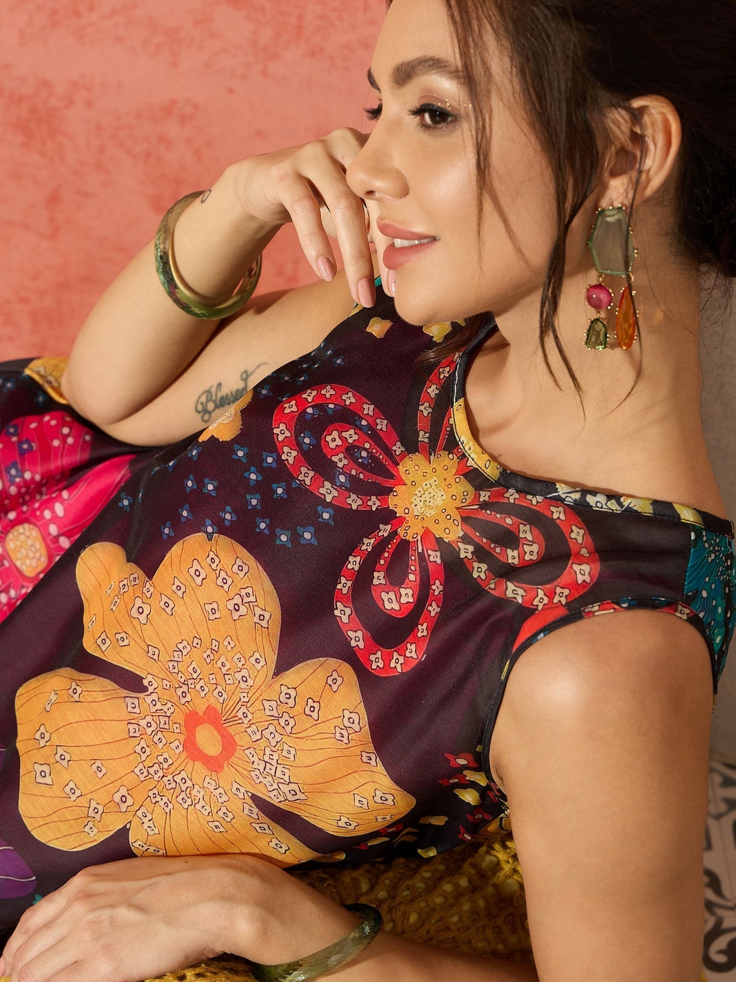 InWeave Black Floral Fuchsia Asymmetrical Dress - Swadesiicart