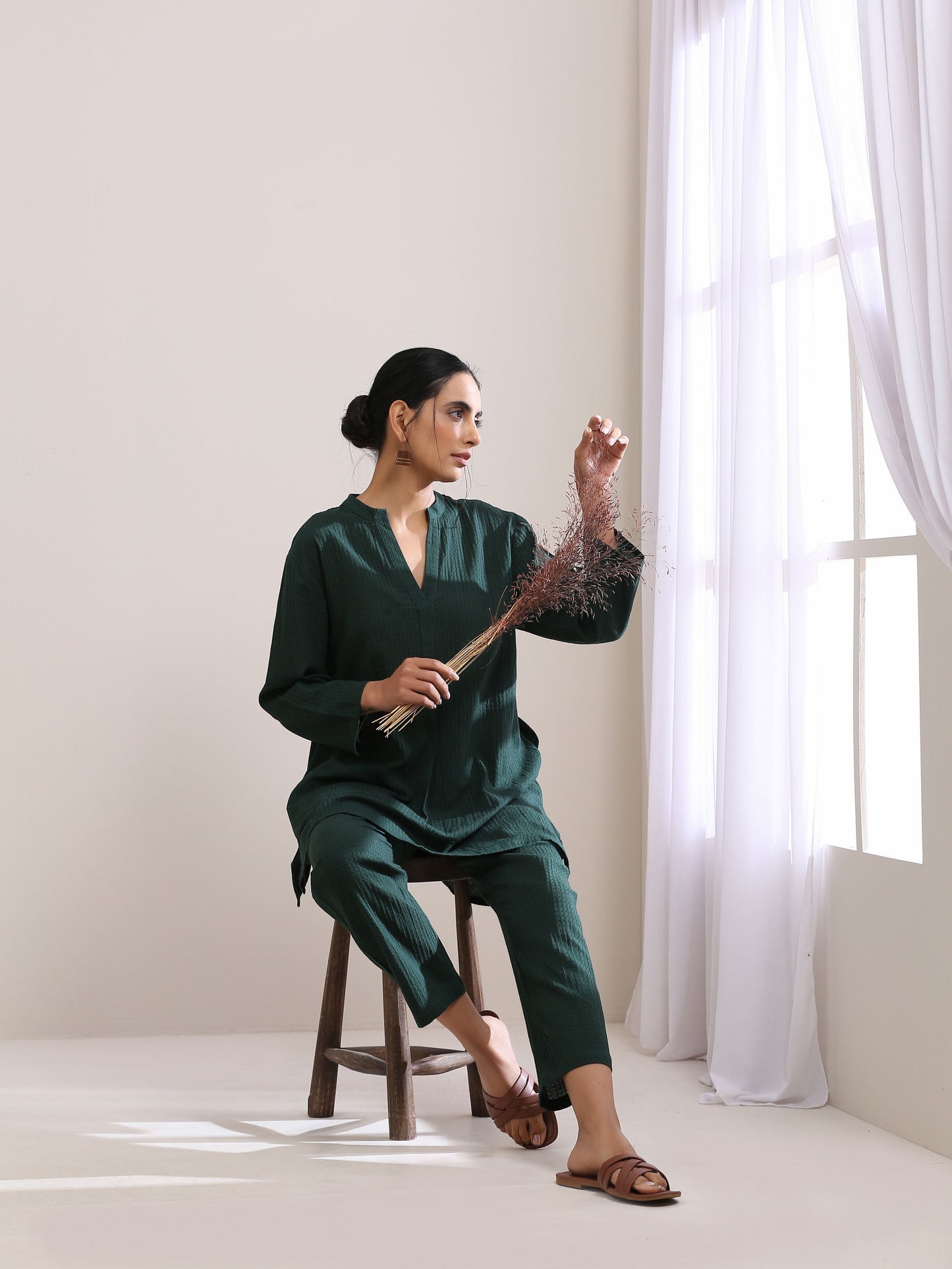 trueBrowns Dark Green Dobby Relaxed Fit Co-Ord Set - Swadesiicart