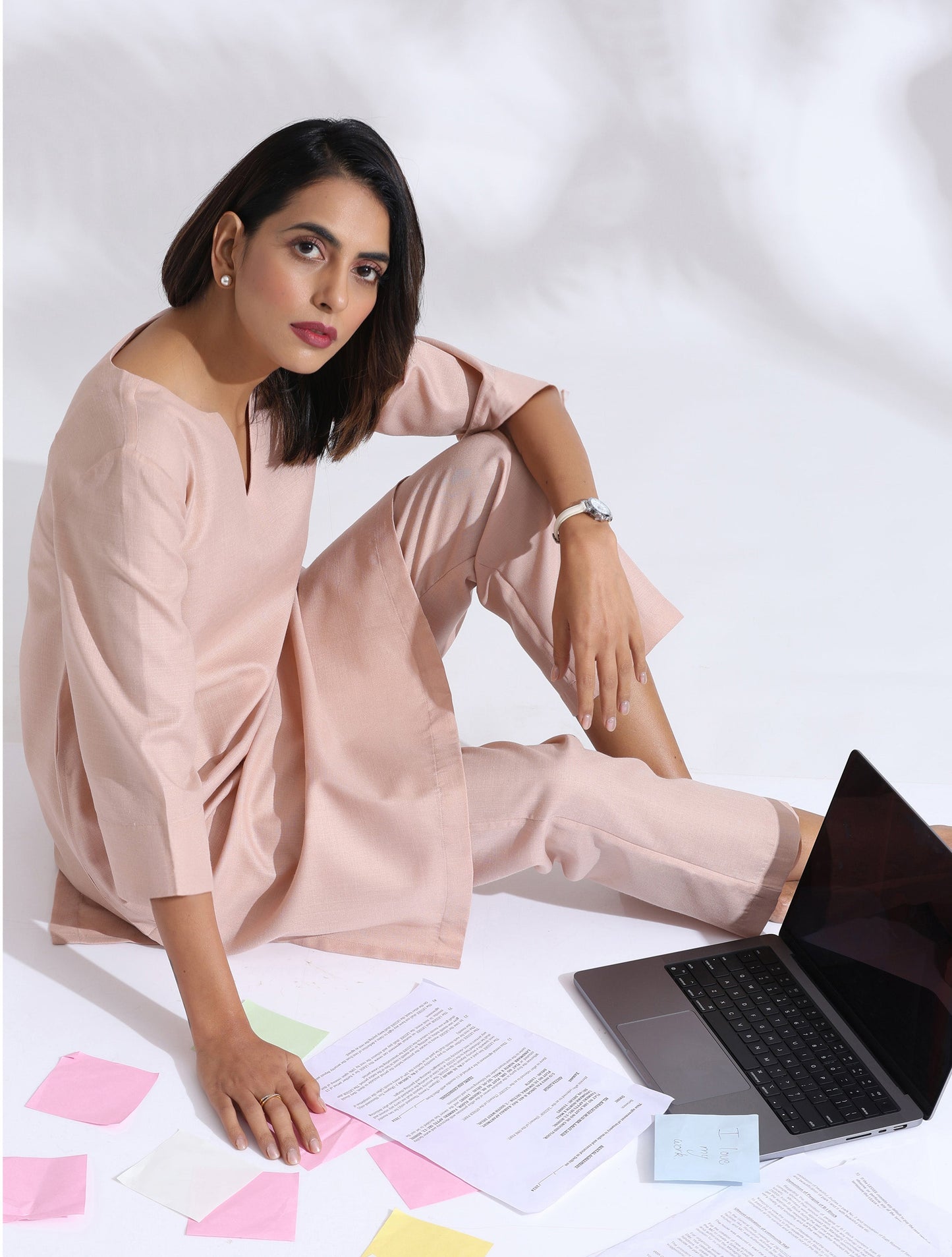 trueBrowns Light Pink Slub Kurta Co-ord Set - Swadesiicart