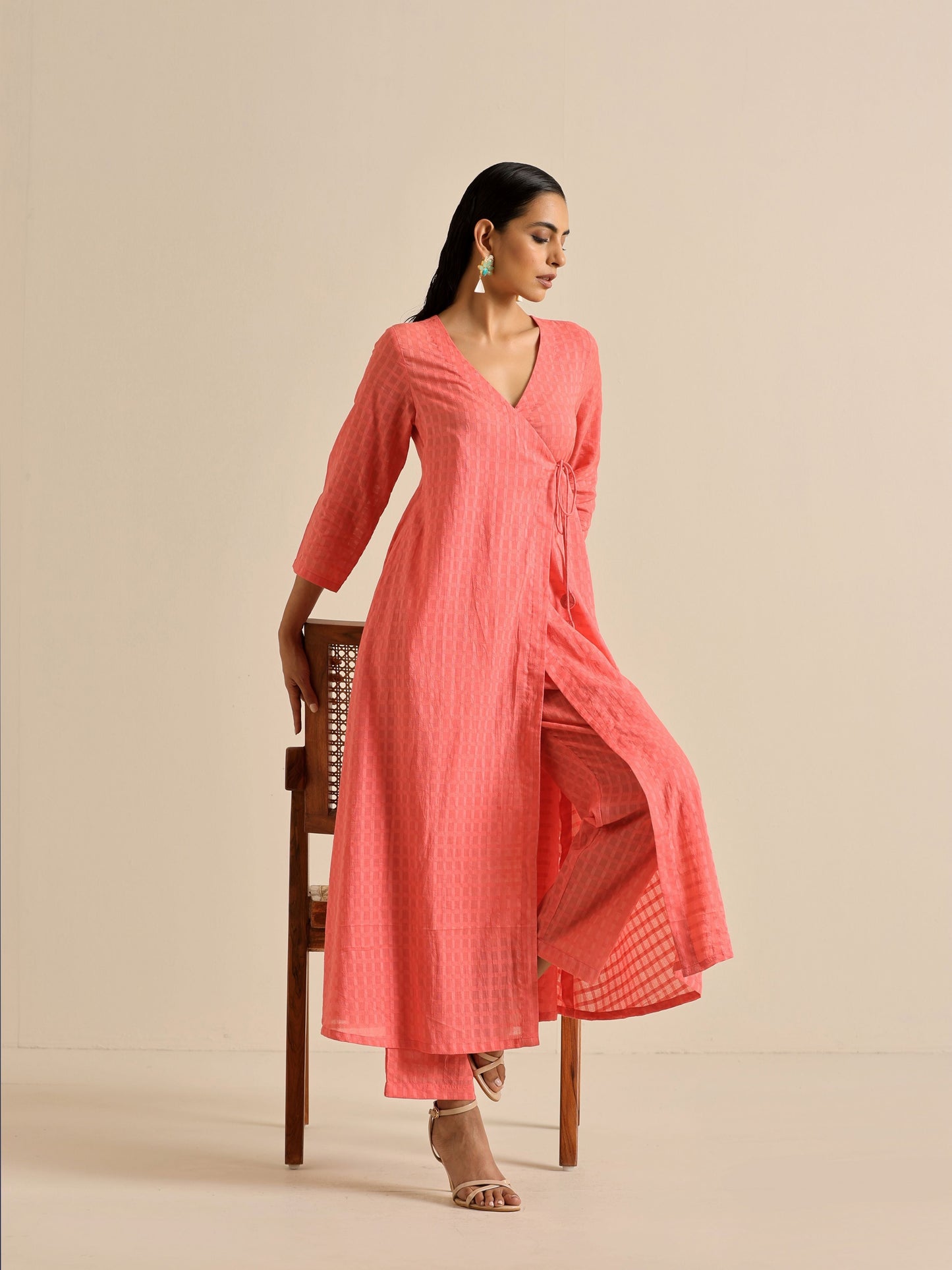 trueBrowns Bright Pink Dobby Angrakha Kurta Pant Set | Swadesiicart