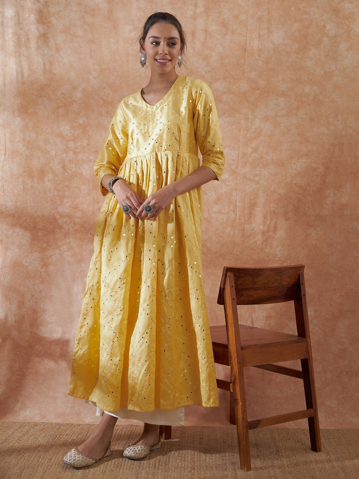 InWeave Women's Light Yellow Mirror Work Long Anarkali Kurta - Swadesiicart