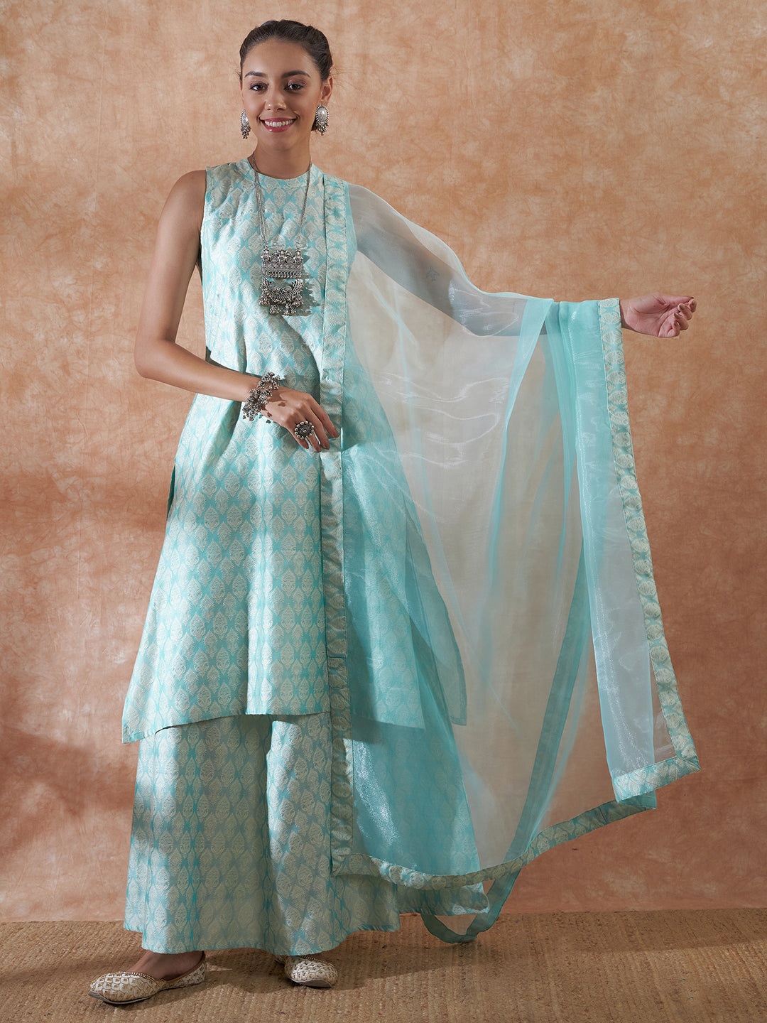 InWeave Women's Powder Blue Jacquard Halter Kurta Set W Powder Blue Or Dupatta - Swadesiicart