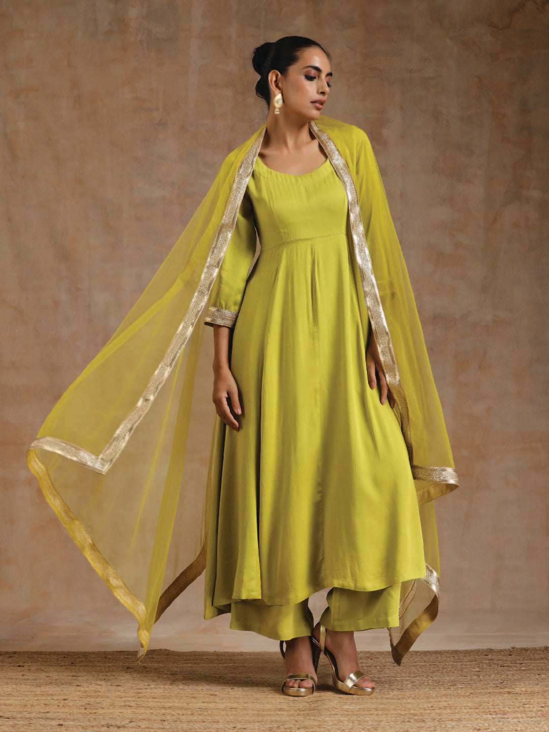 trueBrowns Lime Modal Satin Anarkali Set | Swadesiicart