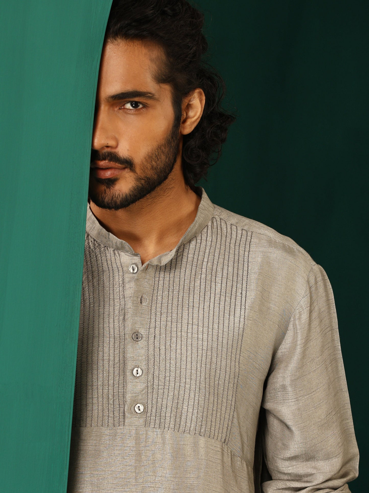 trueBrowns Men's Grey Silk Co-ord Set Yoke Detail - Swadesiicart