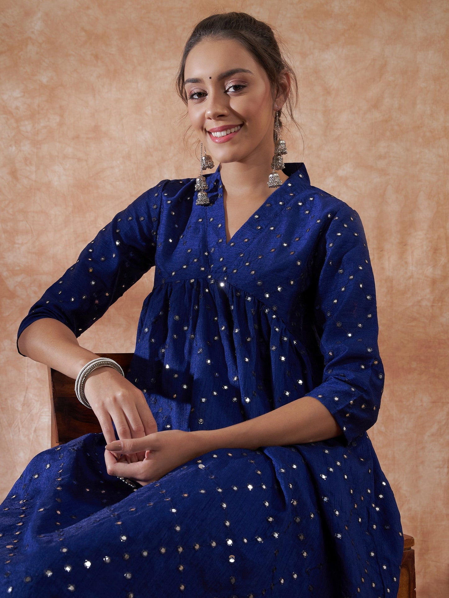 InWeave Women's Blue Mirror Work Flared Kurta - Swadesiicart