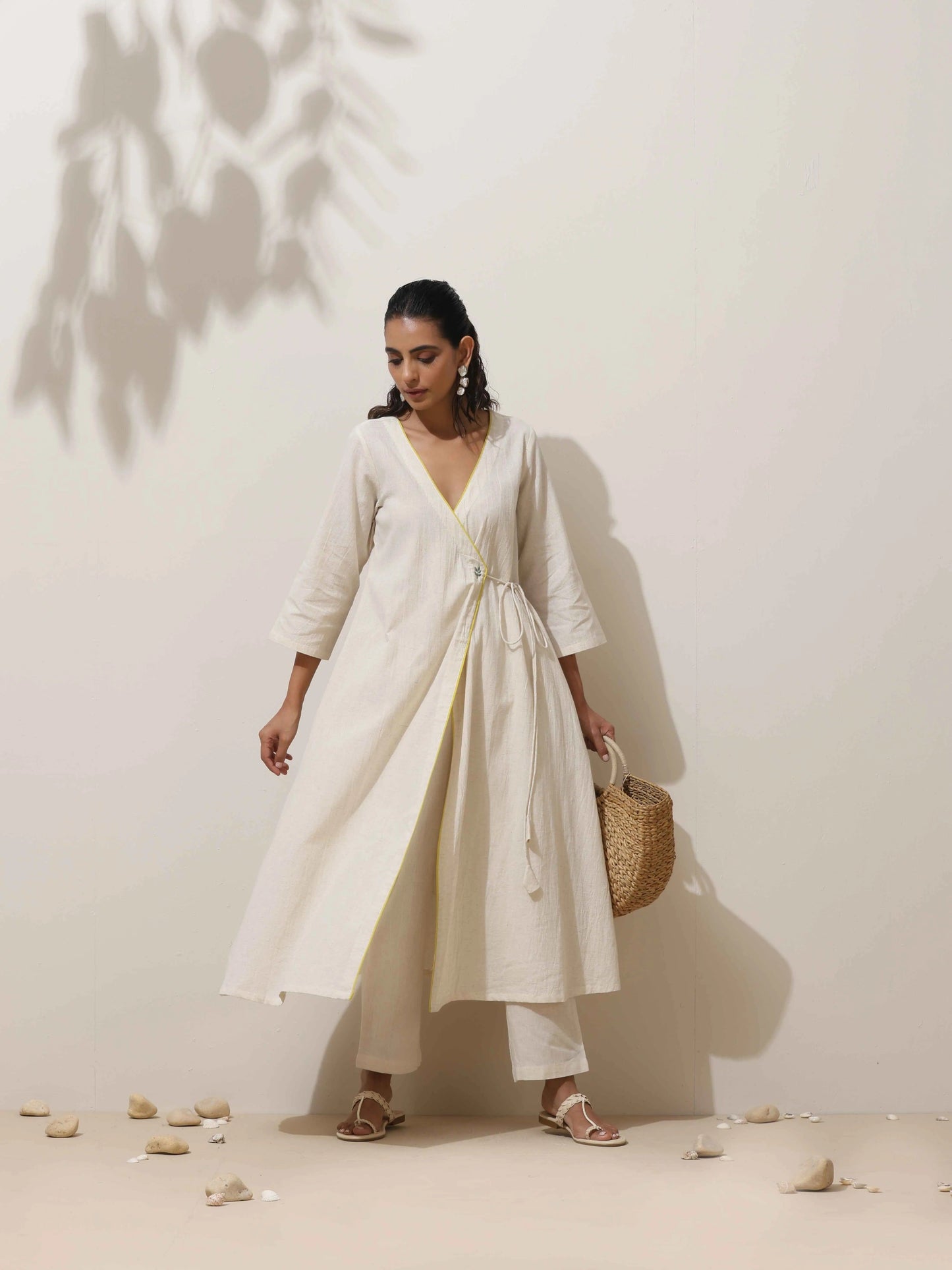 trueBrowns Off White Cotton Linen Angrakha Kurta Pant Set | Swadesiicart