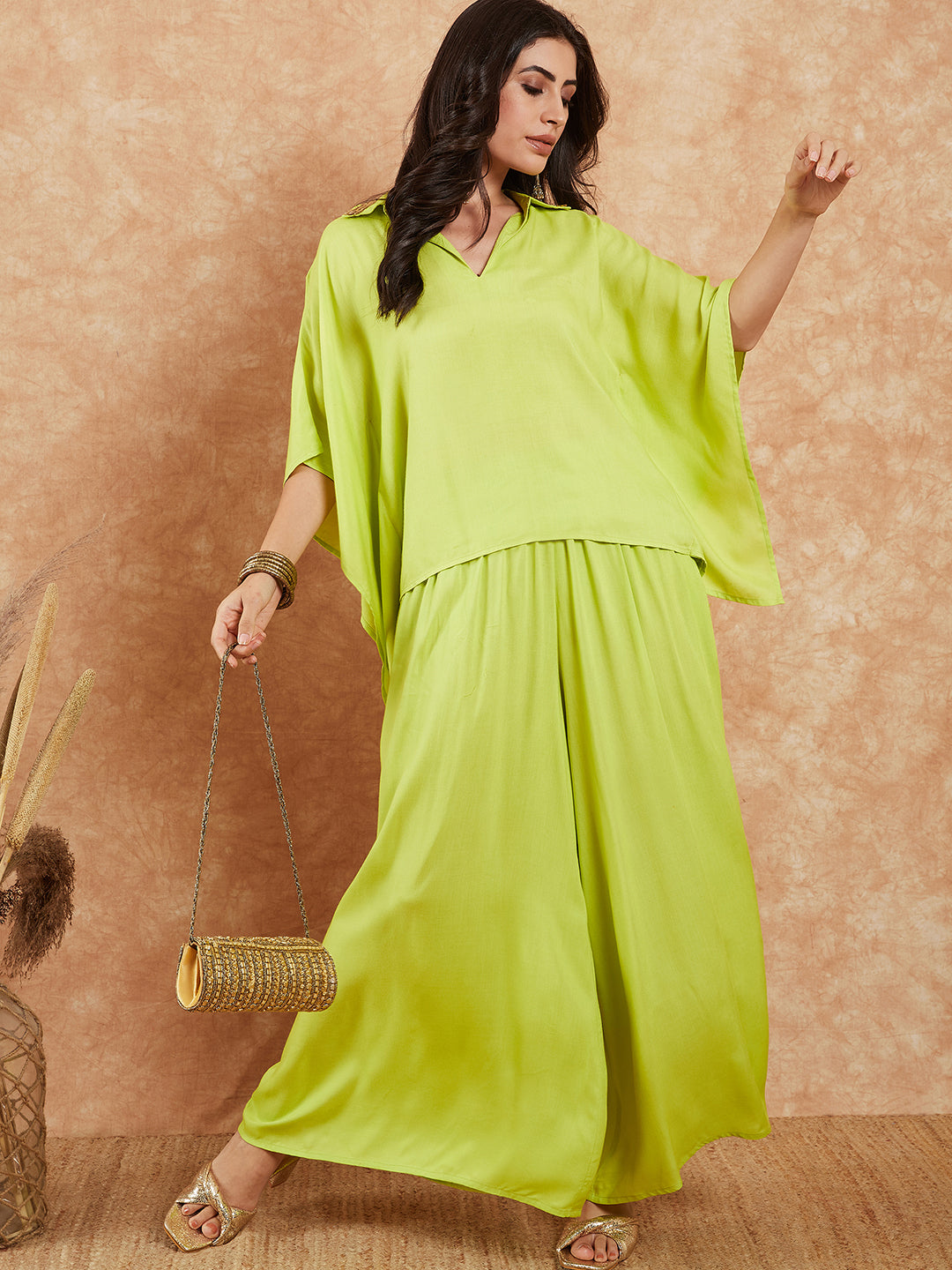 InWeave Women's Lime Green Solid Collar Neck Boho Top Bottom Set - Swadesiicart