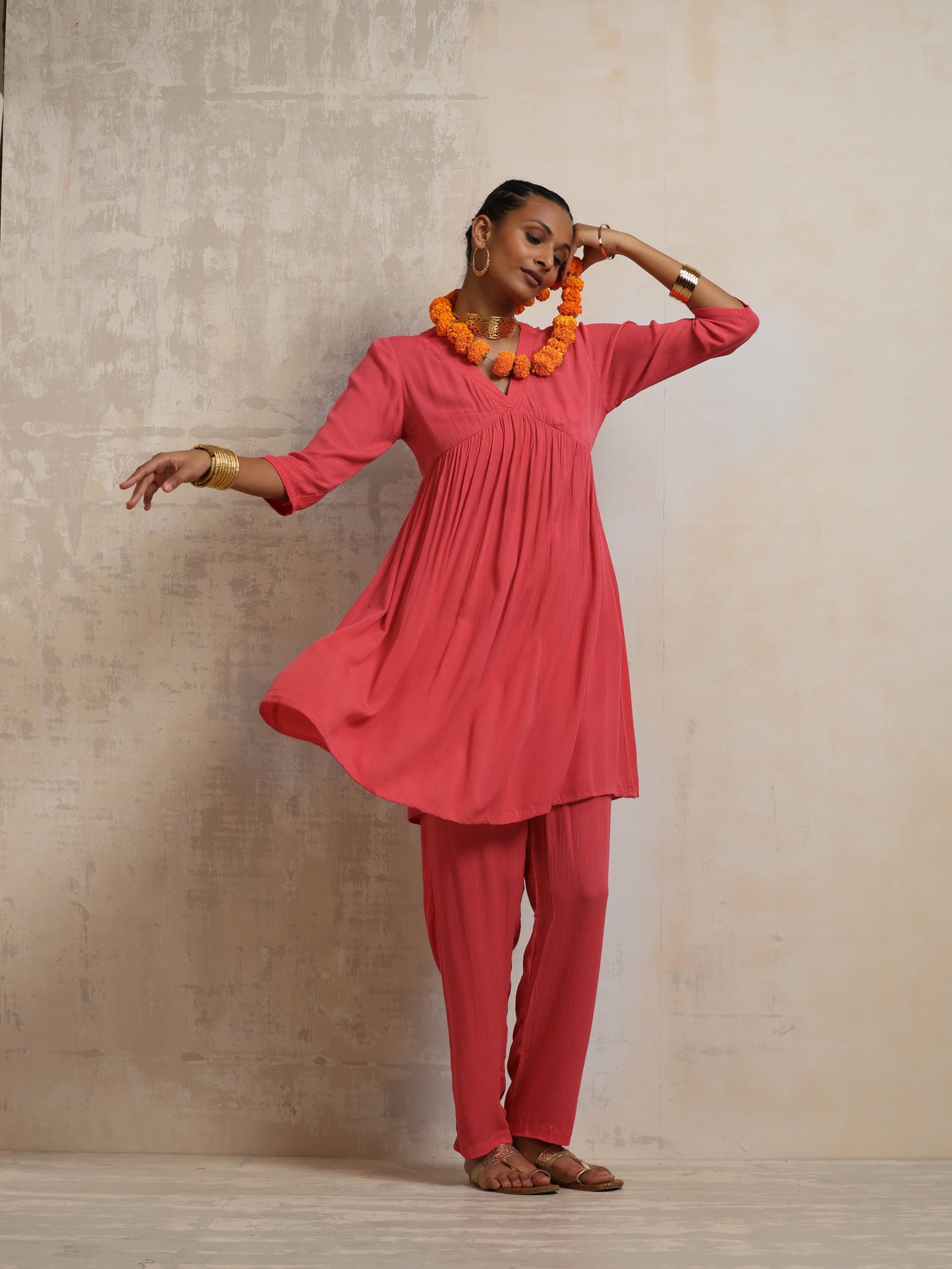 trueBrowns Peach Crinkle Flared Kurta Co-ord Set - Swadesiicart