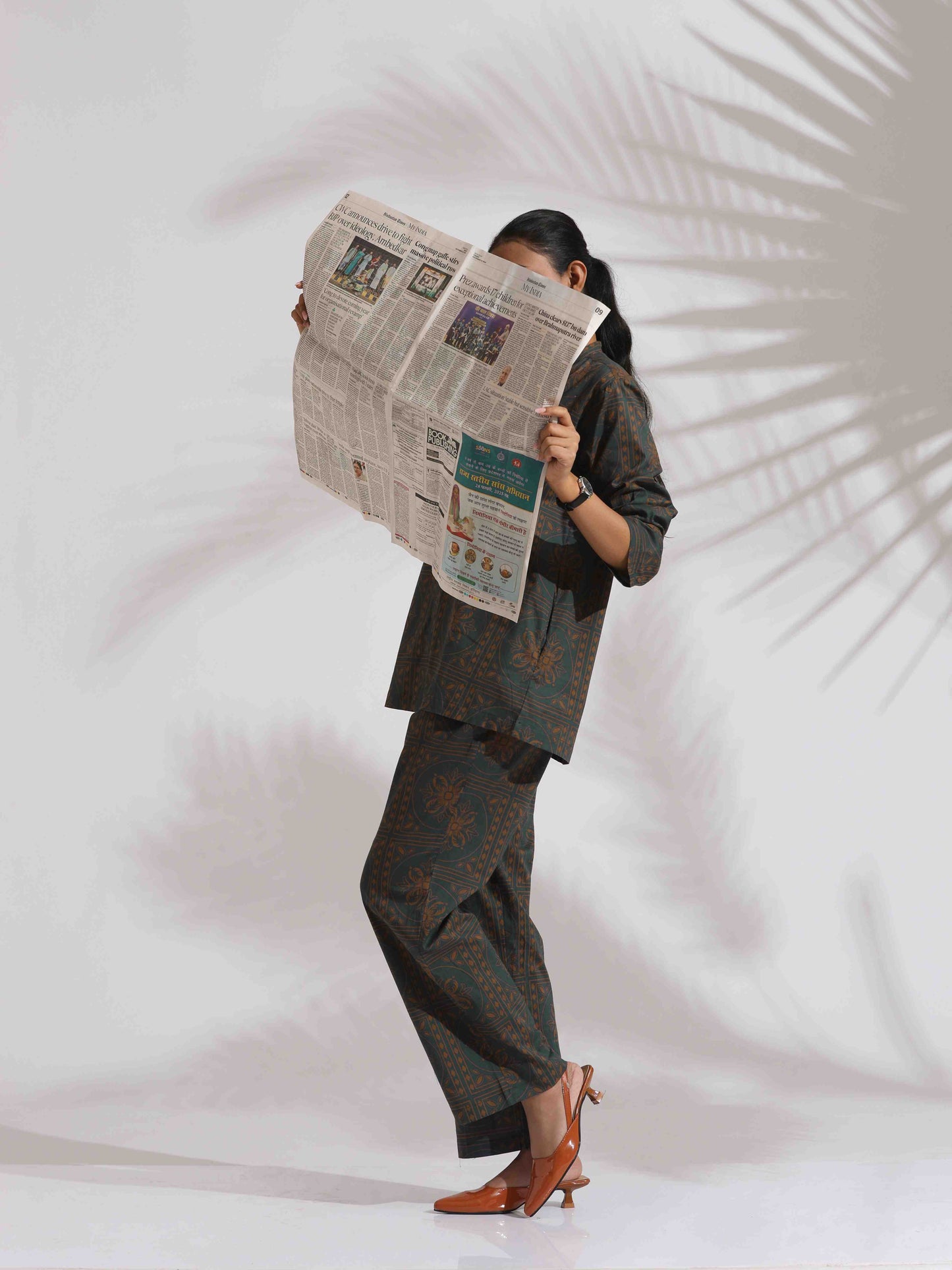 trueBrowns Green Cotton Print Shirt Top & Pants Co-ord Set - Swadesiicart