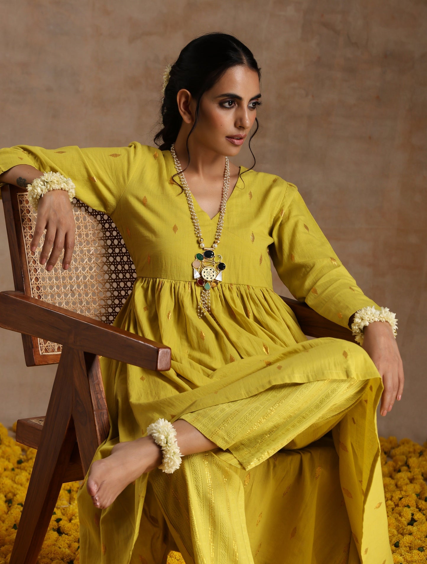 trueBrowns Lime Gold Cotton Kalidar Kurta Set | Swadesiicart