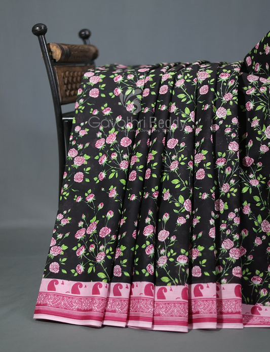 Block Print Black Coloured Mulmul Cotton Saree By Gayathri Reddy Designer Studio | Swadesiicart