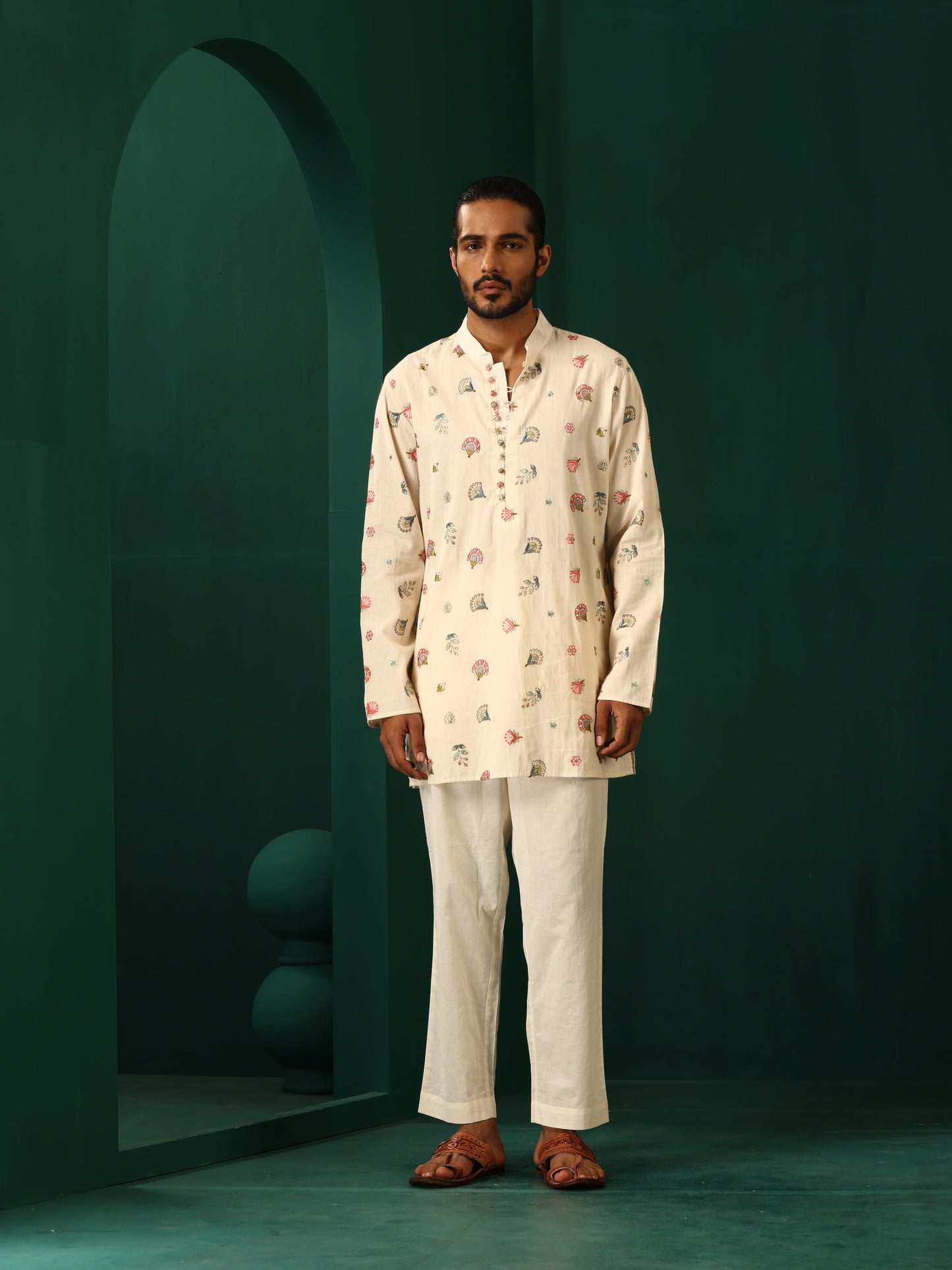 trueBrowns Men's Ivory Multi color Floral Cotton Co-ord Set - Swadesiicart