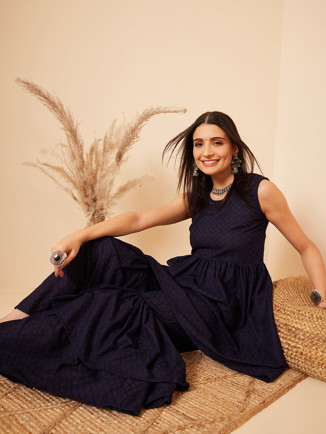 InWeave Women's Navy Blue Lace Work Double Layer Sharara Set - Swadesiicart