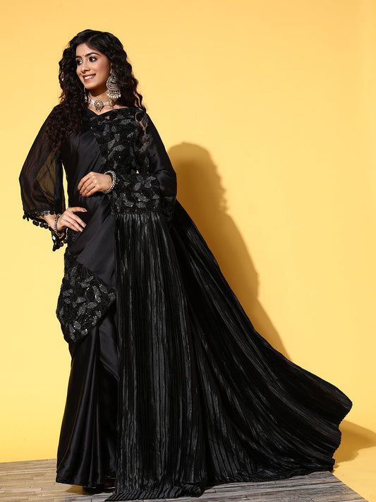 Tikhi Imli Black Floral Sequinned Satin Saree | Swadesiicart