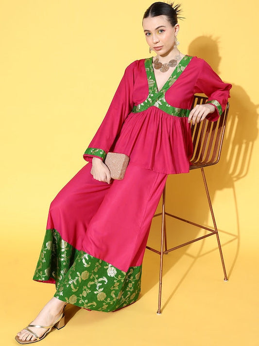 InWeave Women's Fuchsia Green Brocade Mughal Shaan Kurta Palazzo Set - Swadesiicart