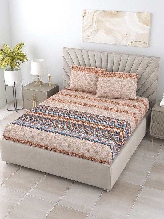 BOMBAY DYEING Brown & Blue Ethnic Motifs Cotton 250 TC King Bedsheet With 2 Pillow Covers - Swadesiicart
