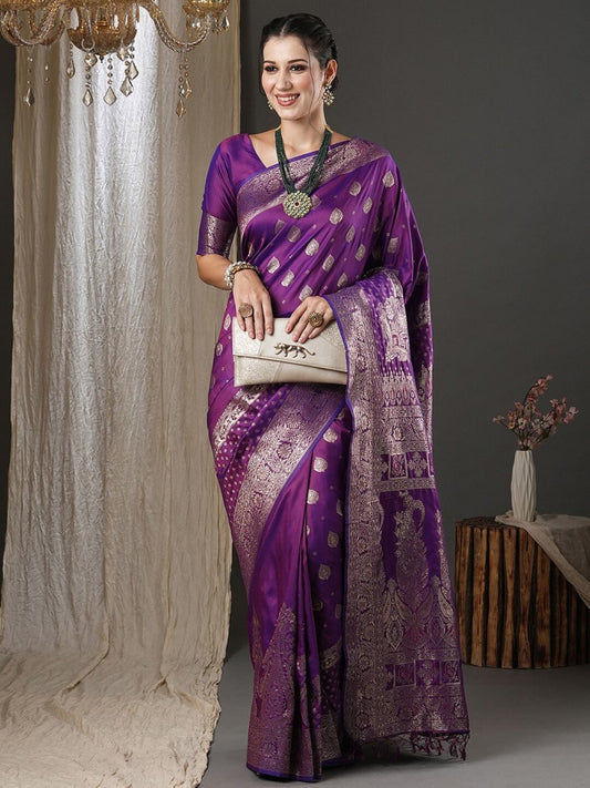 Anouk Purple & Gold-Toned Ethnic Motifs Woven Design Zari Banarasi Saree | Swadesiicart