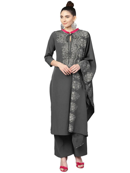 Ahalyaa Grey Crepe Printed Kurta Palazzo Set With Dupatta | Swadesiicart