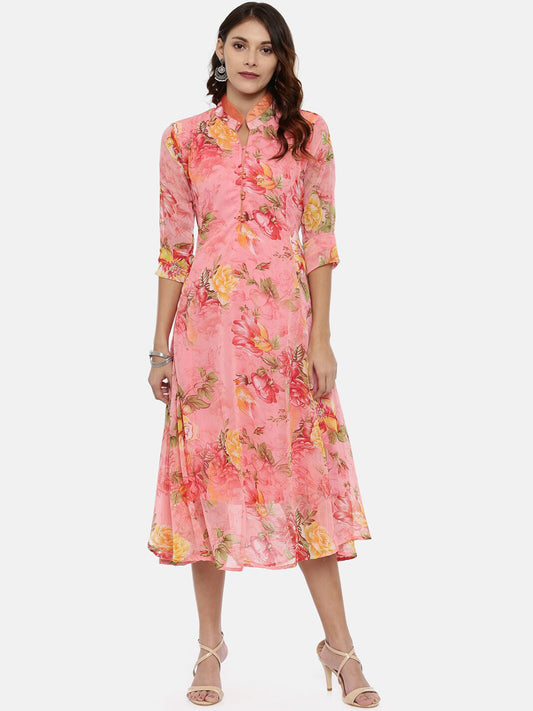 Souchii Women Pink Floral Printed A-Line Dress - SOUCHII