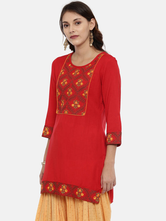 Souchii Women Red & Yellow Floral Yoke Design Kurta