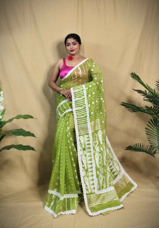 Exclusive Collection Beautiful Light Green Jaal Jamdani Saree - Swadesiicart