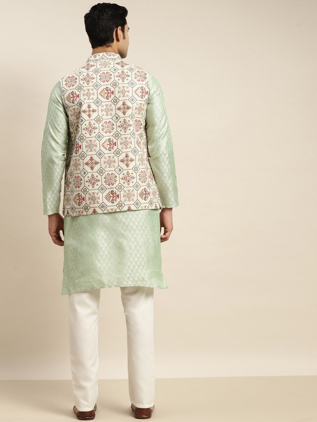Sojanya Men Green Ethnic Motifs Woven Design Kurta & Churidar Comes With a Nehru Jacket | Swadesiicart
