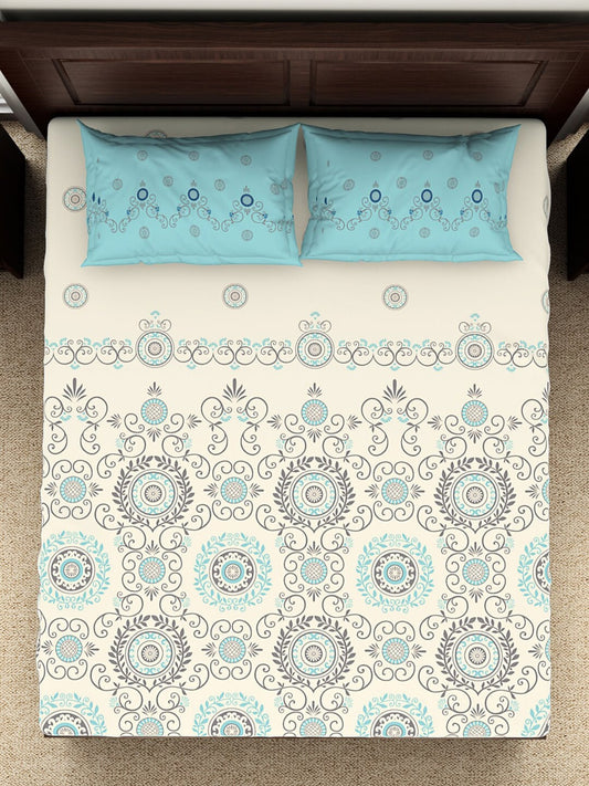 SPACES Reagalis Cream Ethnic Motifs 140 TC Cotton Queen Bedsheet & 2 Pillow Covers - Swadesiicart
